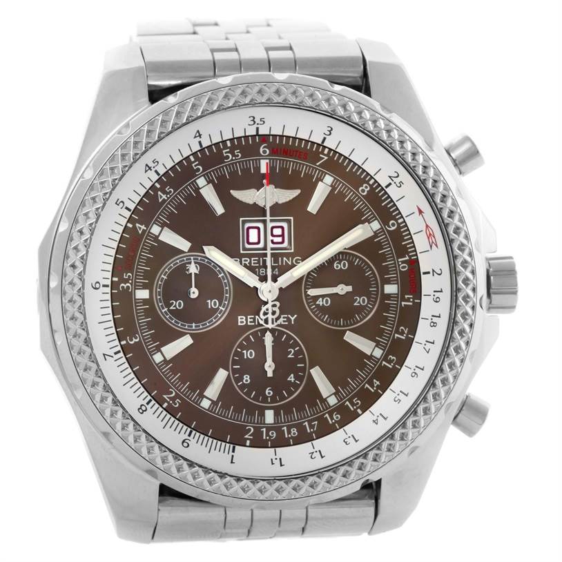 The image shows a front view of the Breitling Bentley A44362 Men's Stainless Steel Brown Dial A44362 Men's Stainless Steel Brown Dial model watch, highlighting the dial, bezel, and part of the bracelet.