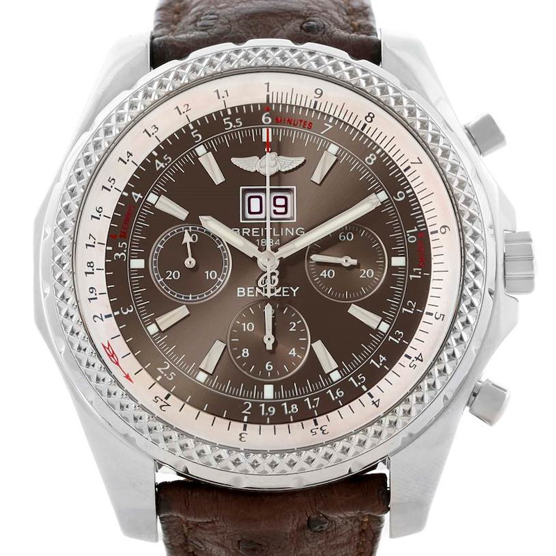 This image shows a front view of the Breitling Bentley model watch, highlighting its dial, bezel, and leather strap.