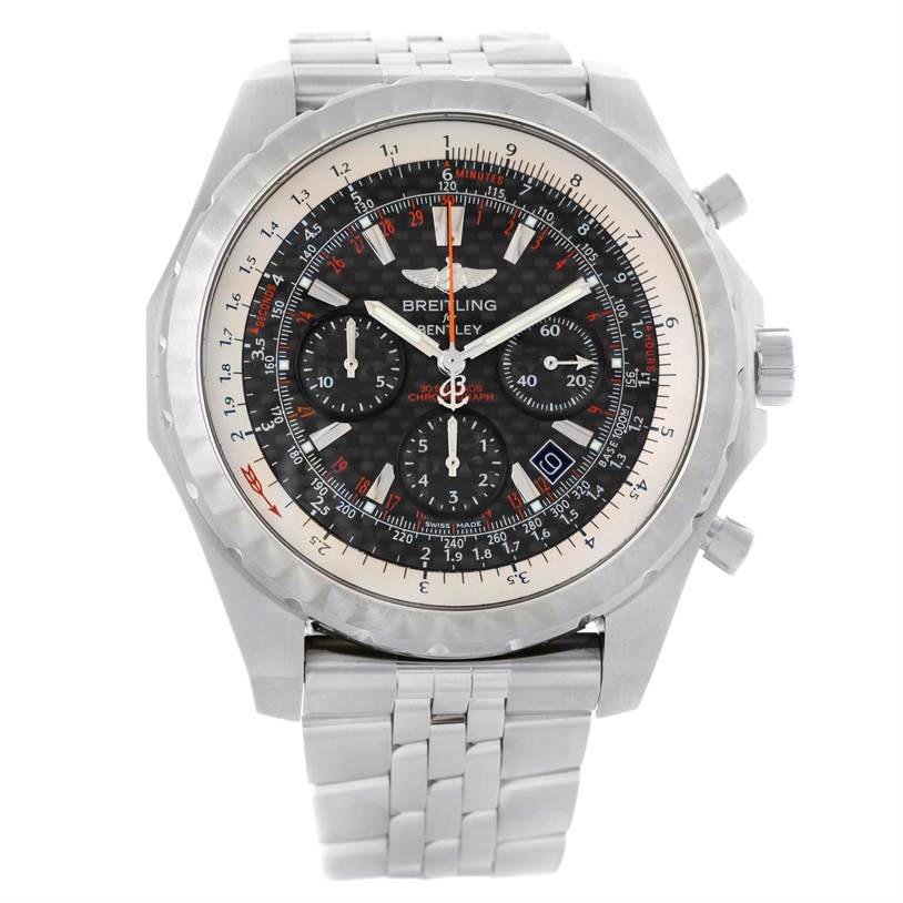 The image shows a frontal view of the Breitling Bentley A25365 Men's Stainless Steel Black Dial A25365 Men's Stainless Steel Black Dial watch, highlighting its dial, bezel, and bracelet.