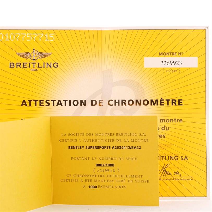 The image shows authentication papers for the Breitling Bentley A26364 Men's Stainless Steel Black Dial A26364 Men's Stainless Steel Black Dial model watch.