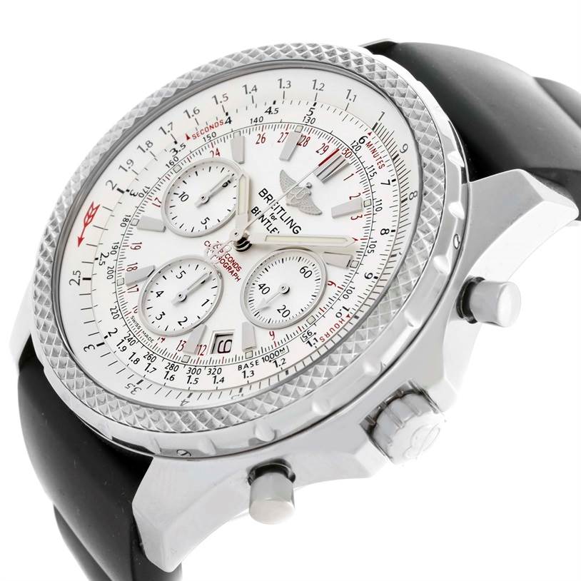 The image shows a Breitling Bentley A25362 Men's Stainless Steel White Dial A25362 Men's Stainless Steel White Dial model watch at an angle, highlighting its face, bezel, chronograph dials, and crown.