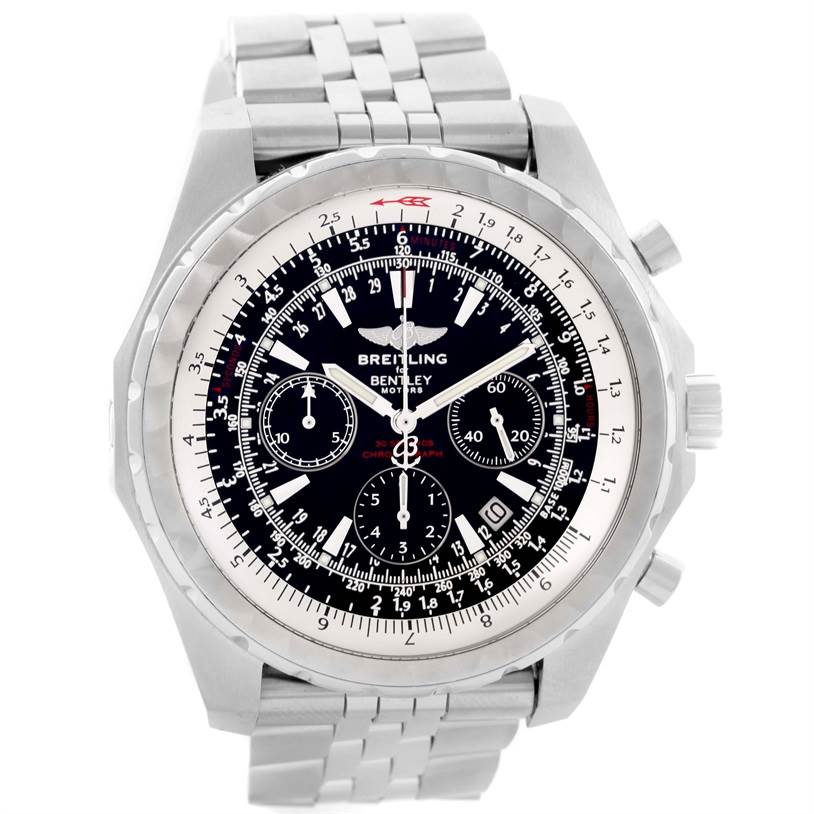 The image shows a front view of the Breitling Bentley A25363 Men's Stainless Steel Black Dial A25363 Men's Stainless Steel Black Dial watch, including its metal strap, dial, three subdials, and chronograph.