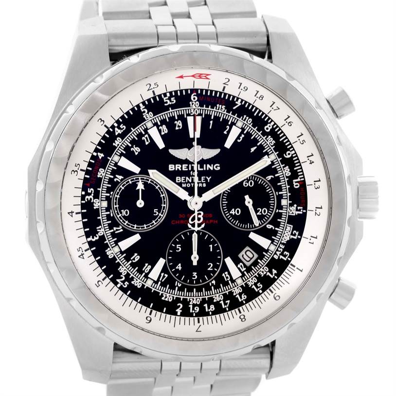 The image shows a front view of the Breitling Bentley A25363 Men's Stainless Steel Black Dial A25363 Men's Stainless Steel Black Dial model watch displaying its black dial, three sub-dials, and metal bracelet.