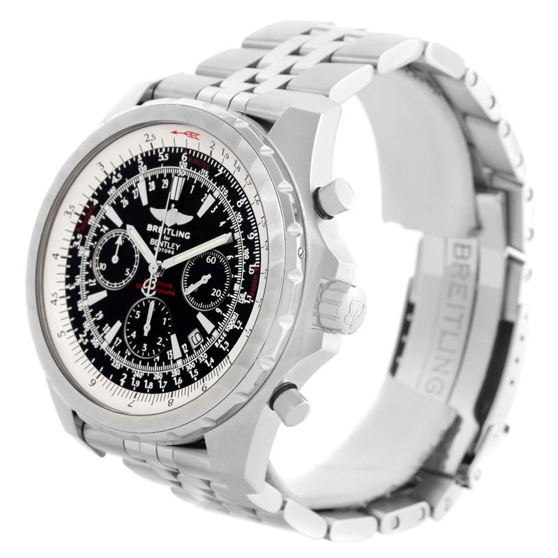 The image shows a Breitling Bentley A25363 Men's Stainless Steel Black Dial A25363 Men's Stainless Steel Black Dial watch from an angled side view, highlighting its dial, bezel, crown, and bracelet.