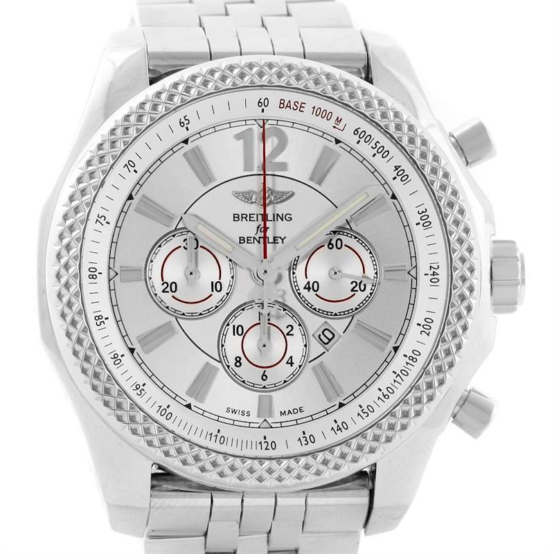 The Bentley model by Breitling is shown from the front, displaying the watch face, bezel, chrono pushers, and bracelet.