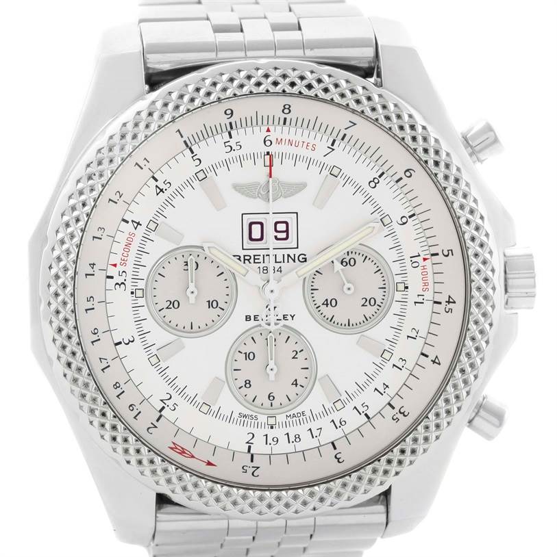 The image shows a front view of the Breitling Bentley A44364 Men's Stainless Steel White Dial A44364 Men's Stainless Steel White Dial watch, detailing its face, bezel, and bracelet.