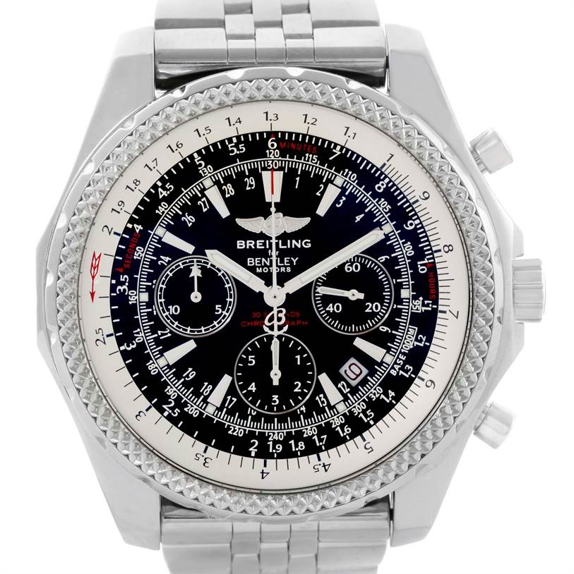 The image shows a front view of a Breitling Bentley A25362 Men's Stainless Steel Black Dial A25362 Men's Stainless Steel Black Dial model watch, highlighting the dial, bezel, and bracelet.