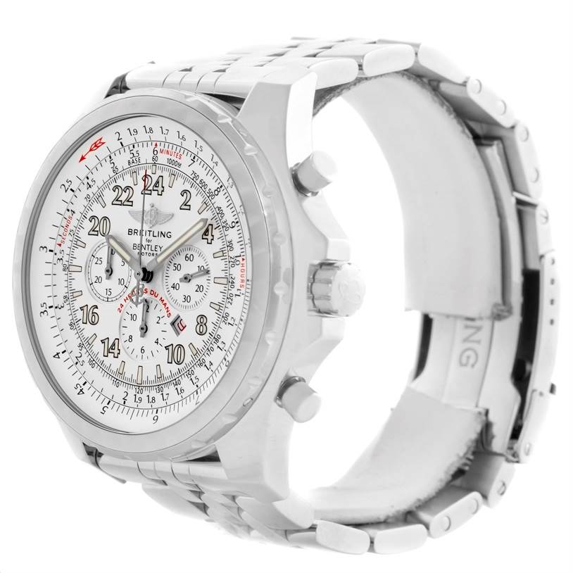 This image shows a side and front angle of the Breitling Bentley A22362 Men's Stainless Steel White Dial A22362 Men's Stainless Steel White Dial watch, highlighting its dial, bezel, and metal bracelet.