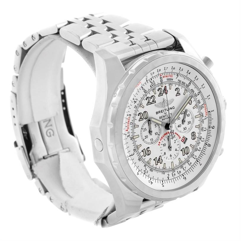 The image shows a Breitling Bentley A22362 Men's Stainless Steel White Dial A22362 Men's Stainless Steel White Dial watch at a three-quarter angle, highlighting the dial, bezel, and metal bracelet.