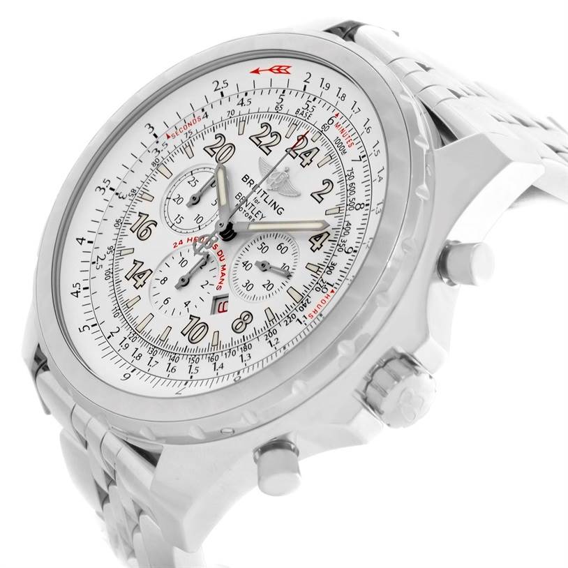 The image shows a side-angle view of the Breitling Bentley A22362 Men's Stainless Steel White Dial A22362 Men's Stainless Steel White Dial watch, highlighting the face, chronographs, and side buttons.