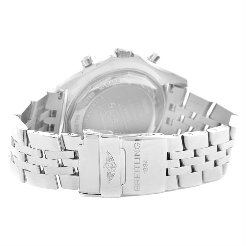 The image shows the back view and clasp of the Breitling Bentley A22362 Men's Stainless Steel White Dial A22362 Men's Stainless Steel White Dial watch, highlighting its polished metal bracelet.