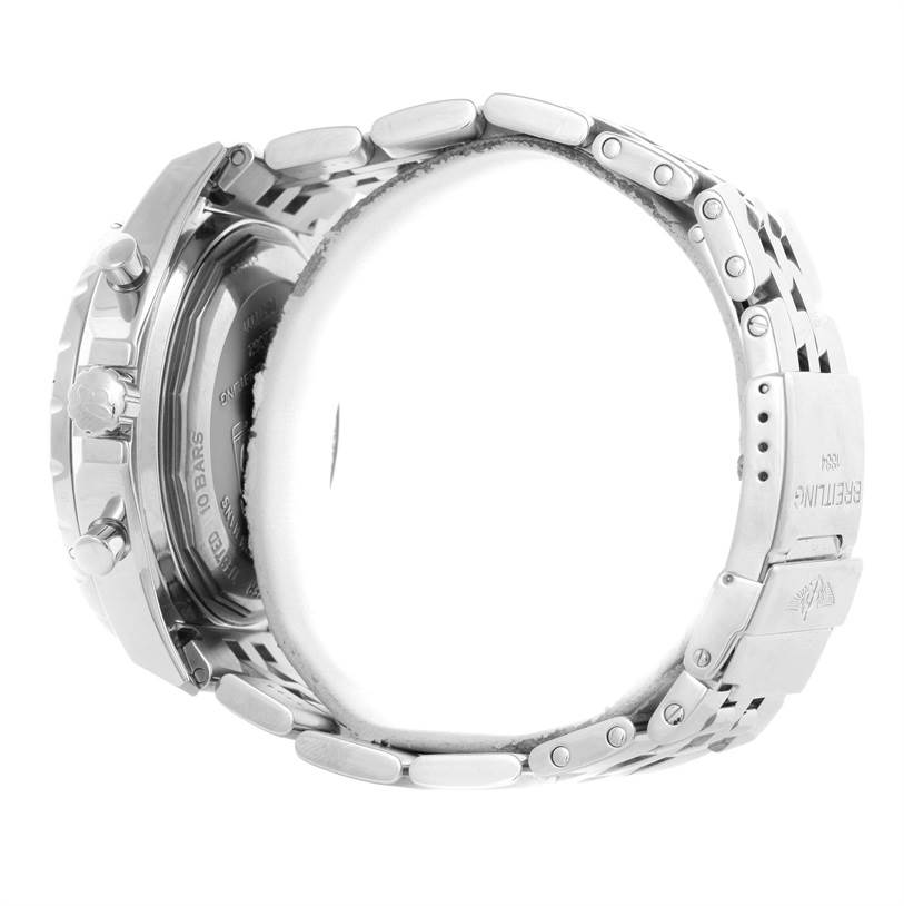 This image shows the side view of a Breitling Bentley A22362 Men's Stainless Steel White Dial A22362 Men's Stainless Steel White Dial watch, highlighting its side buttons, link bracelet, and clasp.