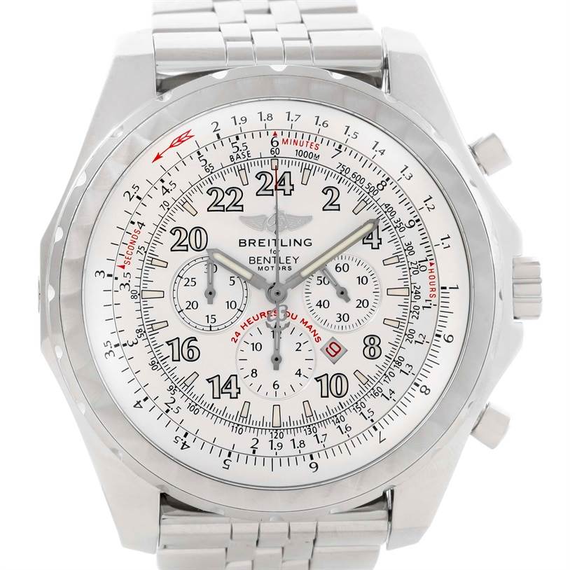 The image shows a front view of a Breitling Bentley A22362 Men's Stainless Steel White Dial A22362 Men's Stainless Steel White Dial watch, highlighting its face, bezel, and stainless steel strap.