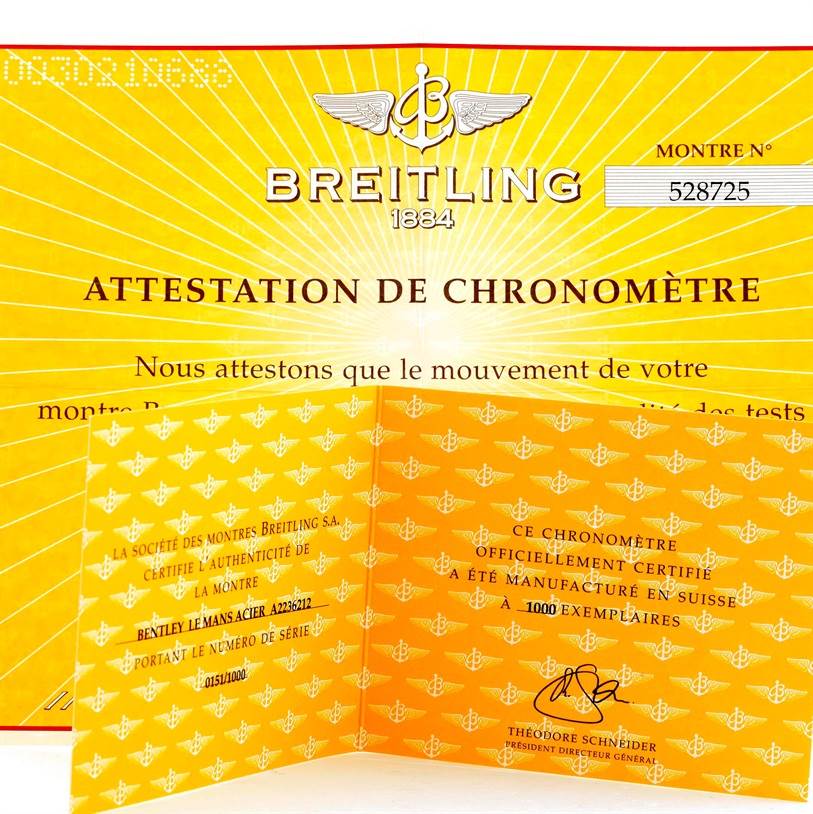 The image shows certification papers for the Breitling Bentley A22362 Men's Stainless Steel White Dial A22362 Men's Stainless Steel White Dial Le Mans A2236212 watch model.