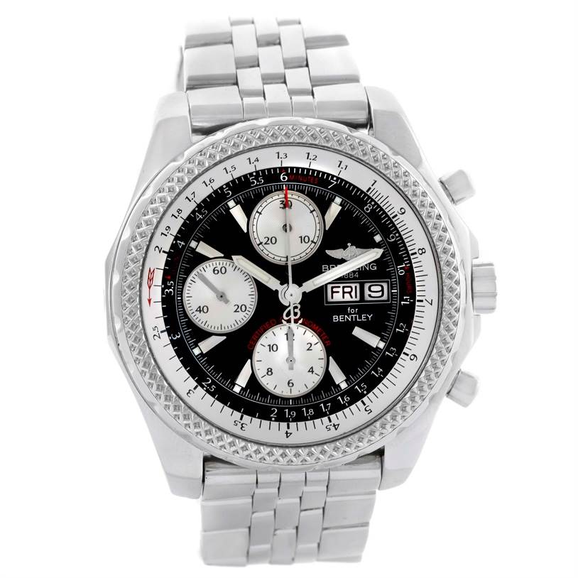 The Breitling Bentley A13362 Men's Stainless Steel Black Dial A13362 Men's Stainless Steel Black Dial watch is shown from a front angle, highlighting the dial, subdials, case, bracelet, and pushers.