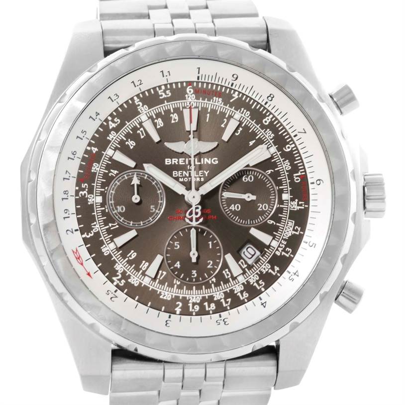 The image shows a front view of the Breitling Bentley A25363 Men's Stainless Steel Grey Dial A25363 Men's Stainless Steel Grey Dial model watch, highlighting its chronograph face and metal bracelet.