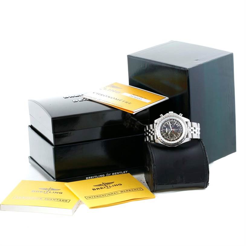 The image shows a Breitling Bentley A25363 Men's Stainless Steel Grey Dial A25363 Men's Stainless Steel Grey Dial model watch, its box, manuals, and a watch stand from a front angle.