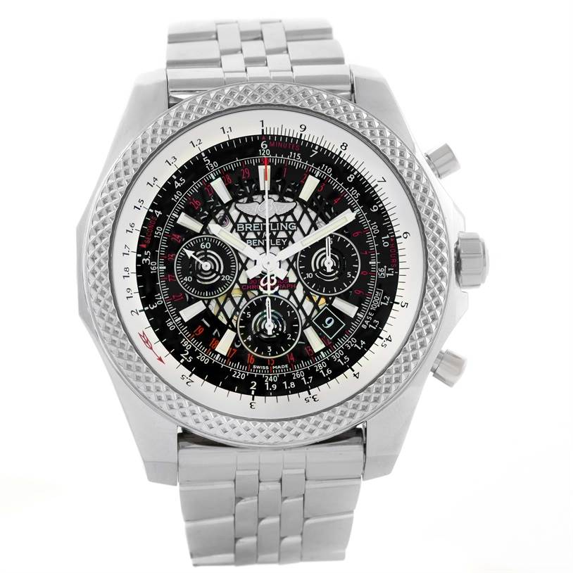 The image shows a front view of the Breitling Bentley AB061112/BC42-990A Men's Stainless Steel Black Dial AB061112/BC42-990A Men's Stainless Steel Black Dial watch, displaying its intricate dial, bezel, and bracelet.