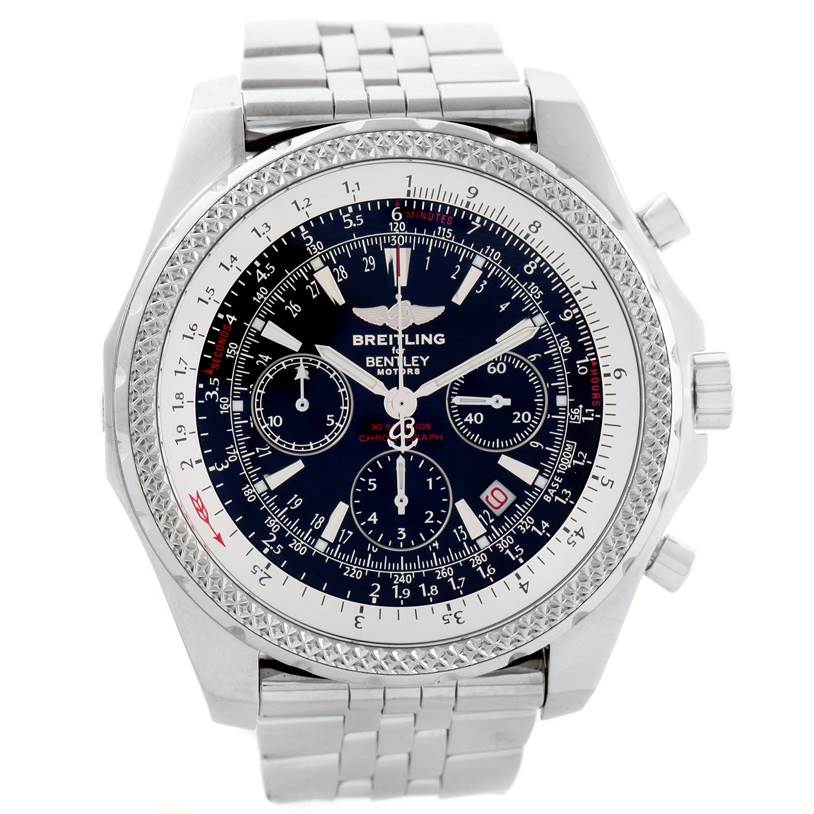 The Breitling Bentley A25362 Men's Stainless Steel Black Dial A25362 Men's Stainless Steel Black Dial watch is shown from the front, displaying the face, bezel, dial, sub-dials, and part of the metal bracelet.