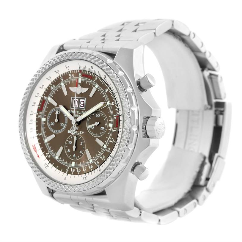 This image shows a Breitling Bentley A44362 Men's Stainless Steel Brown Dial A44362 Men's Stainless Steel Brown Dial model watch from a front-left angle, highlighting the face, bezel, crown, and bracelet.