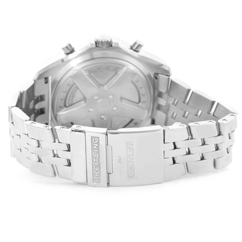 The image shows the back and clasp of a Bentley model by Breitling watch, highlighting the bracelet and case back.