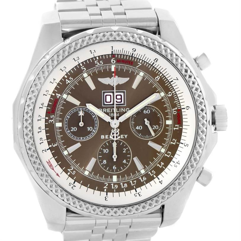 The image shows a front view of a Breitling Bentley A44362 Men's Stainless Steel Brown Dial A44362 Men's Stainless Steel Brown Dial watch, displaying the dial, bezel, case, and part of the bracelet.