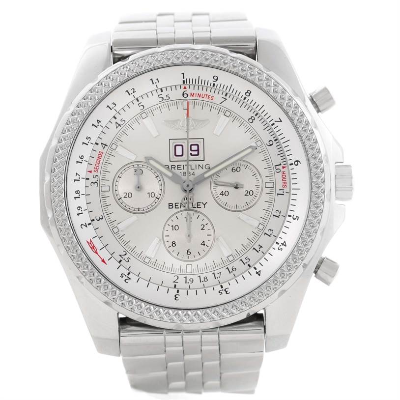 The image shows a Breitling Bentley A44362 Men's Stainless Steel Silver Dial A44362 Men's Stainless Steel Silver Dial model watch from a top-down angle, highlighting its face, bezel, and bracelet.