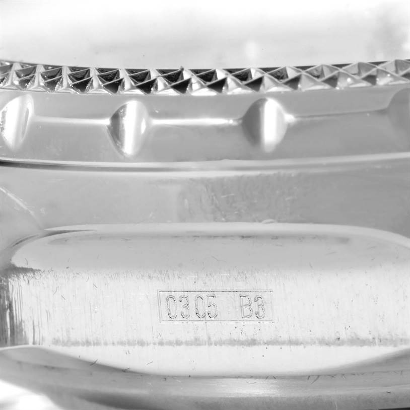 Close-up view of the bezel and side casing of the Breitling Bentley A44362 Men's Stainless Steel Silver Dial A44362 Men's Stainless Steel Silver Dial watch, with engraved serial numbers visible.