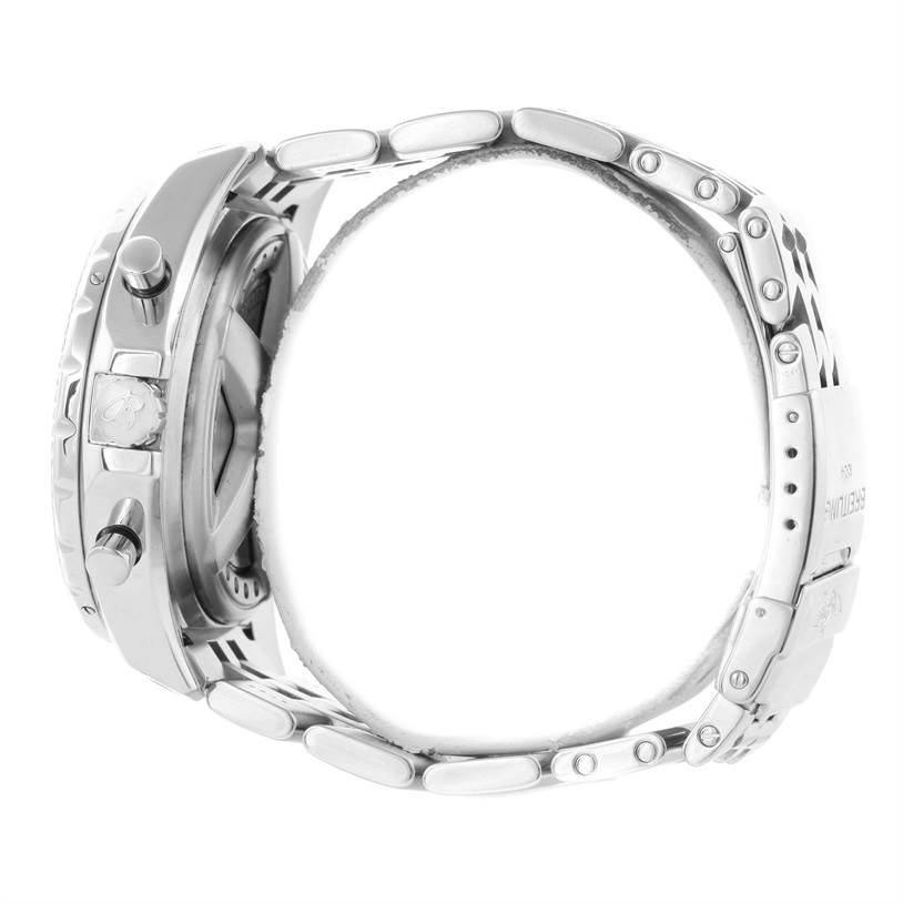 The image shows a side view of the Breitling Bentley A44362 Men's Stainless Steel Silver Dial A44362 Men's Stainless Steel Silver Dial watch, capturing the bezel, crown, chronograph pushers, and part of the metal bracelet.