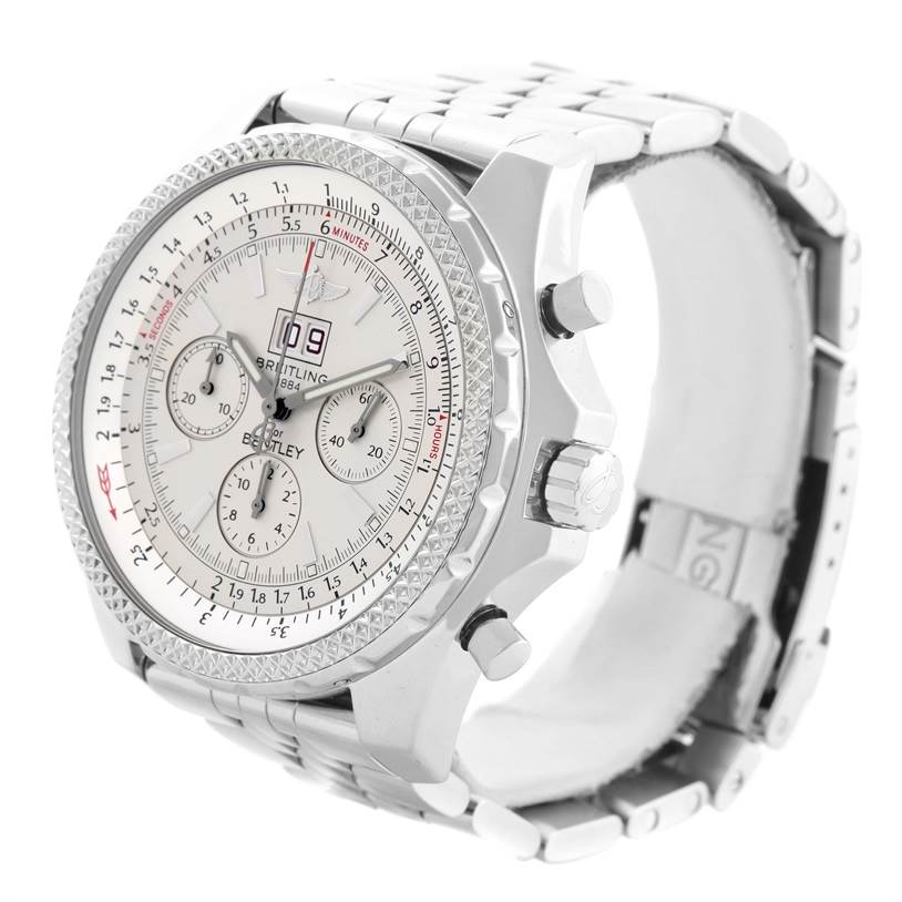 The Breitling Bentley A44362 Men's Stainless Steel Silver Dial A44362 Men's Stainless Steel Silver Dial model watch is shown at a three-quarter angle, displaying its face, bezel, bracelet, and side pushers.