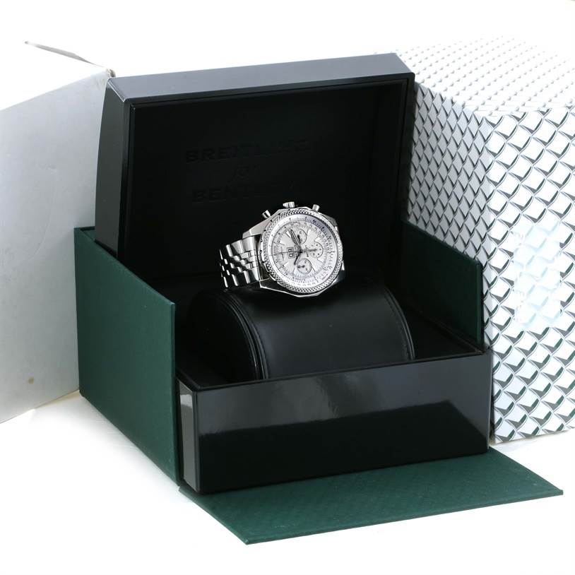 The Breitling Bentley A44362 Men's Stainless Steel Silver Dial A44362 Men's Stainless Steel Silver Dial watch is shown in a three-quarter angle, displayed in its open box with part of the bracelet visible.