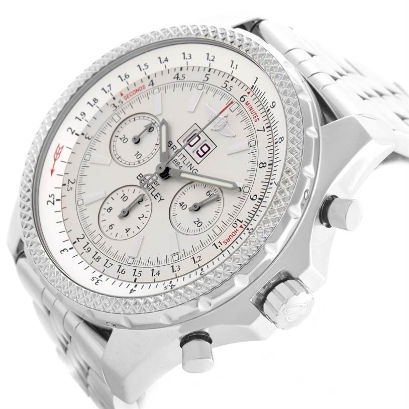 The Bentley by Breitling watch is shown at an angle displaying the dial, bezel, crown, pushers, and part of the bracelet.