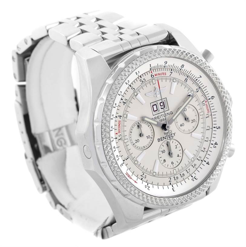 The image shows the Breitling Bentley A44362 Men's Stainless Steel Silver Dial A44362 Men's Stainless Steel Silver Dial watch from a front angle, highlighting the dial, bezel, and part of the metal bracelet.
