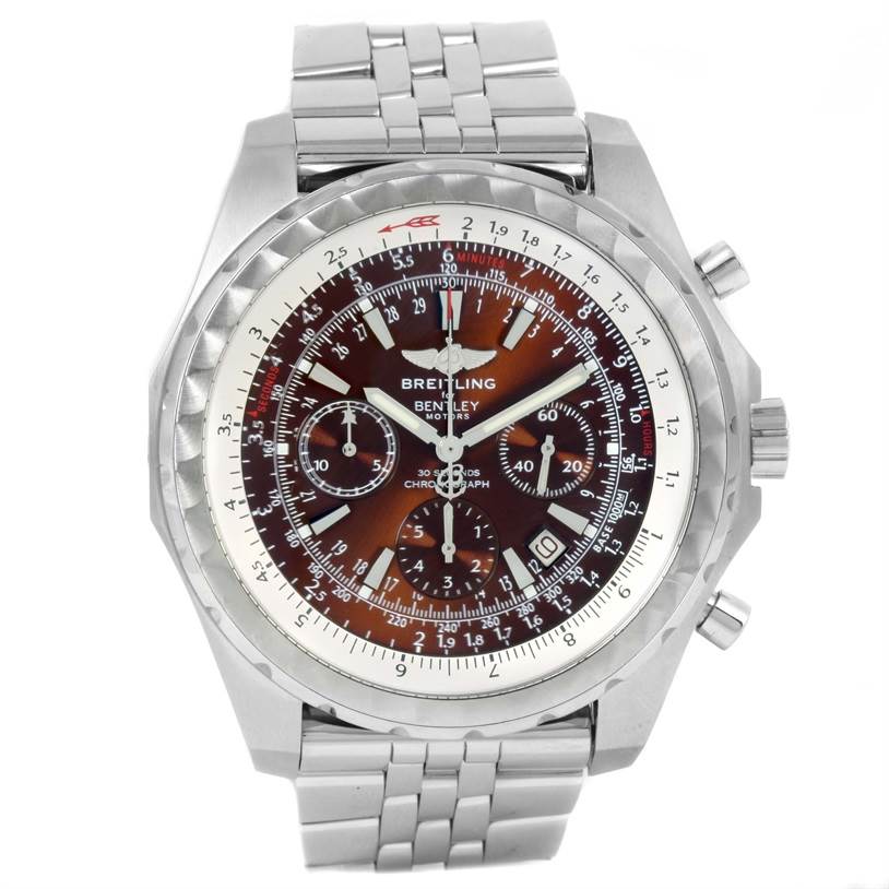 This image shows a front angle of the Breitling Bentley A25363 Men's Stainless Steel Brown Dial A25363 Men's Stainless Steel Brown Dial model watch featuring its dial, bezel, and bracelet.