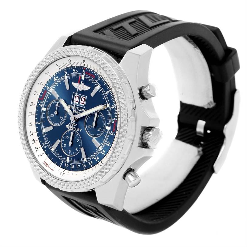 The image shows a Bentley model by Breitling from an angle emphasizing its face, bezel, side buttons, and black rubber strap.