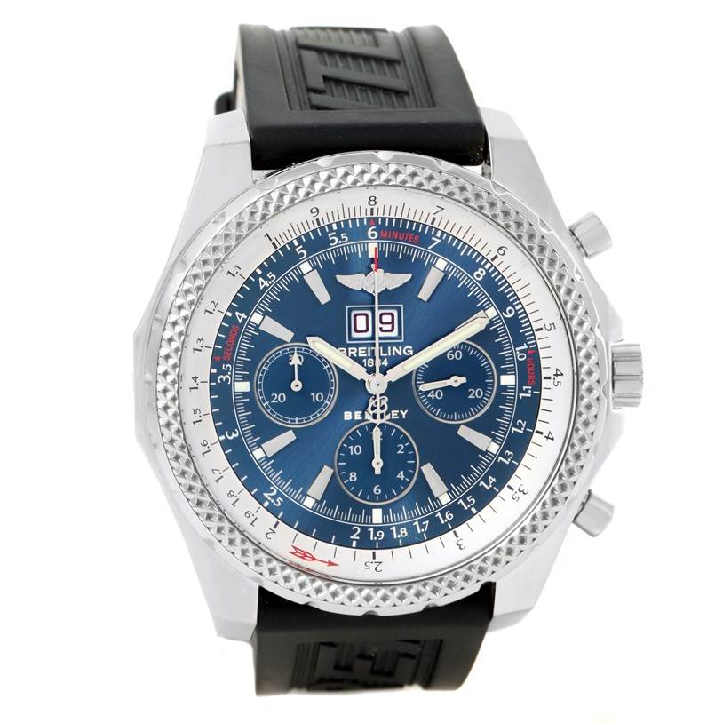 This image shows a frontal view of a Breitling Bentley A44362 Men's Stainless Steel Blue Dial A44362 Men's Stainless Steel Blue Dial model watch featuring a blue dial and black rubber strap.