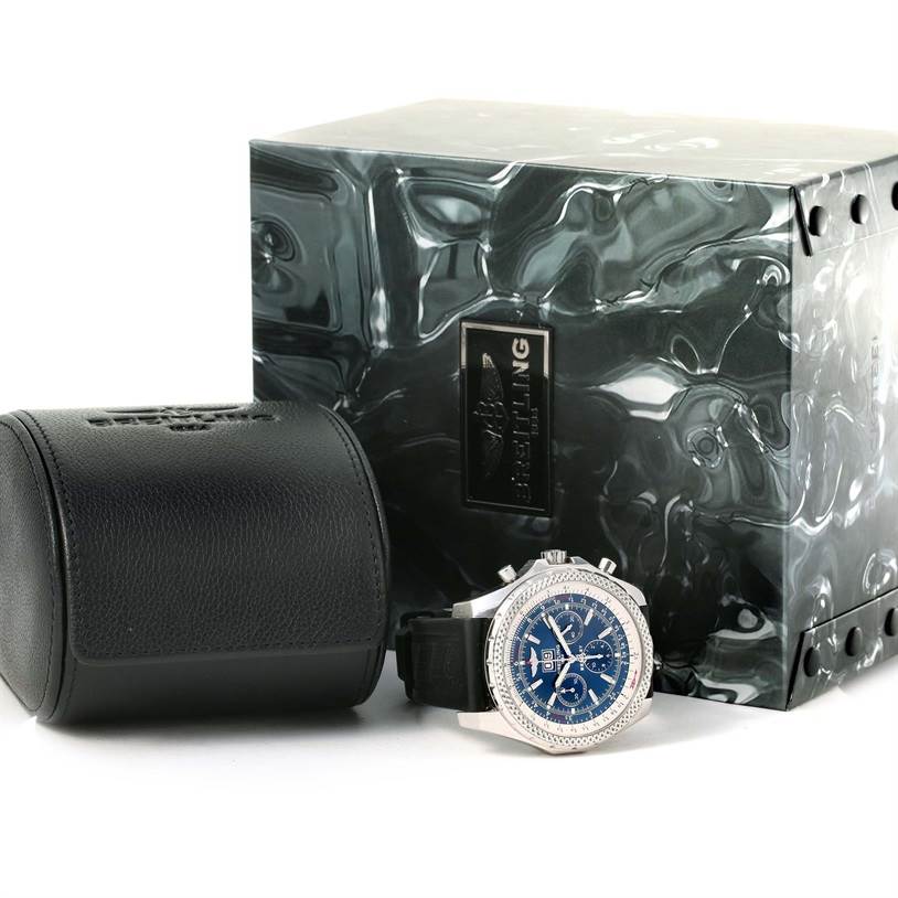 The image shows a Breitling Bentley A44362 Men's Stainless Steel Blue Dial A44362 Men's Stainless Steel Blue Dial watch with its protective case and original packaging box.