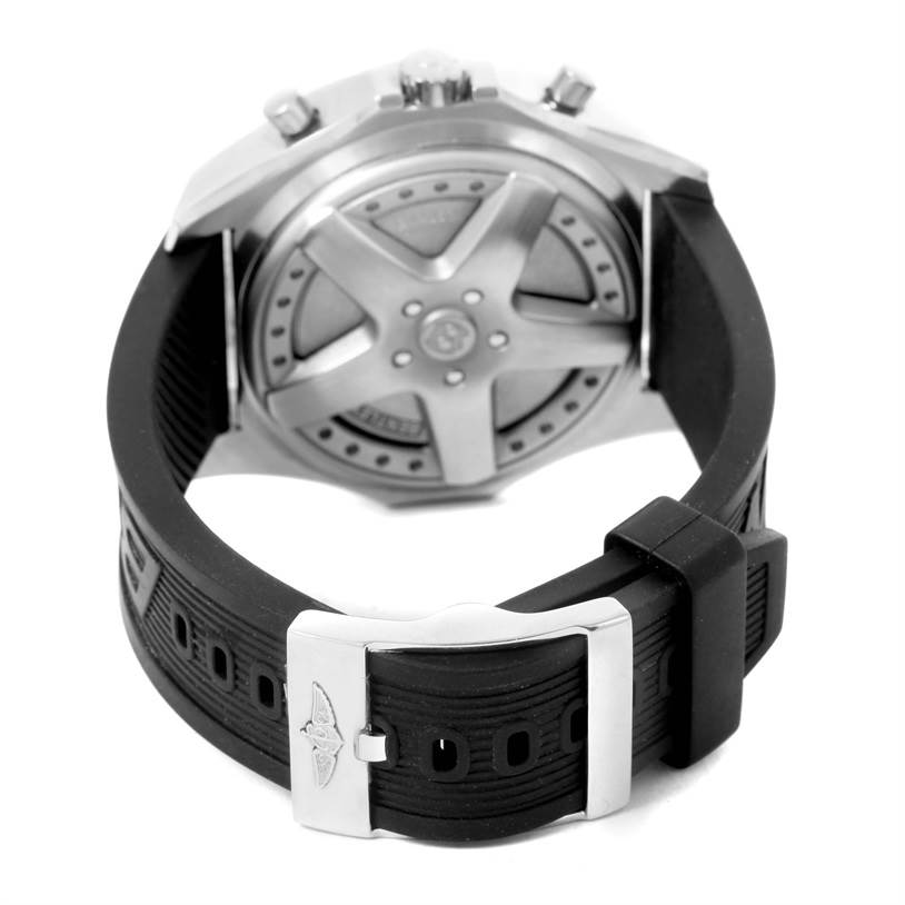 The image shows the back view of a Breitling Bentley A44362 Men's Stainless Steel Blue Dial A44362 Men's Stainless Steel Blue Dial watch, highlighting its case back and black rubber strap with the buckle.