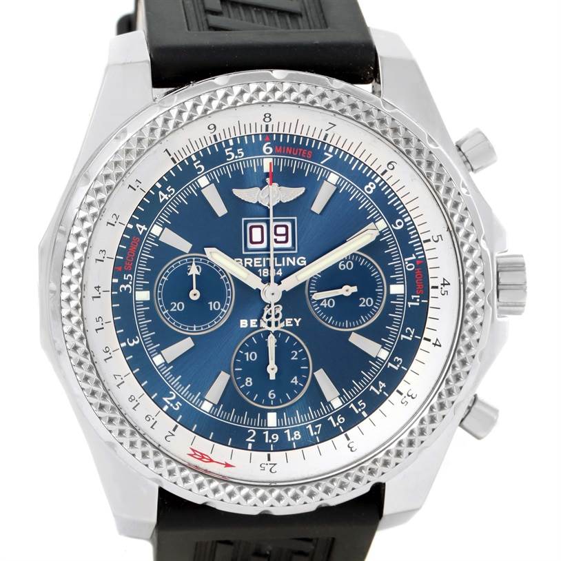 This Breitling Bentley A44362 Men's Stainless Steel Blue Dial A44362 Men's Stainless Steel Blue Dial model watch is shown from a front angle, featuring its face, bezel, and strap.