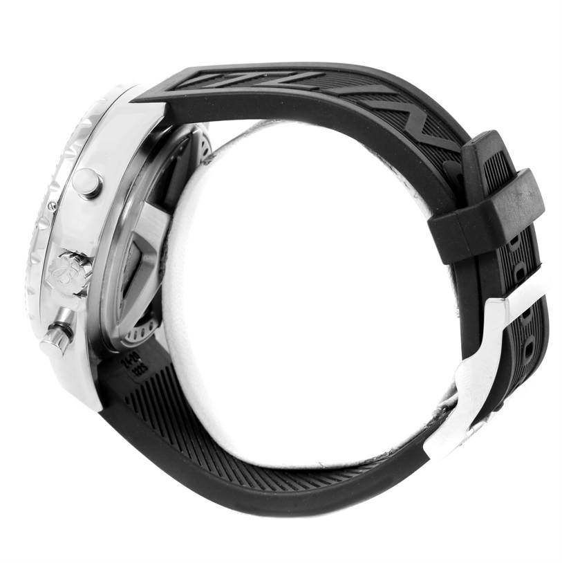 The image shows a side view of the Breitling Bentley A44362 Men's Stainless Steel Blue Dial A44362 Men's Stainless Steel Blue Dial watch, highlighting the case, crown, pushers, and rubber strap.