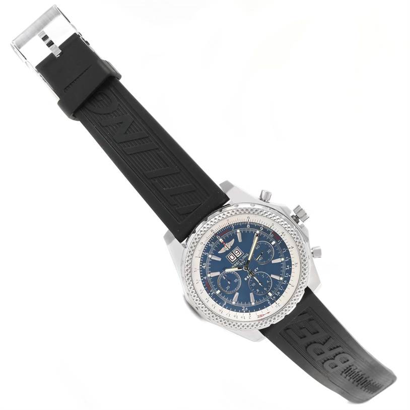 This image shows a top-down view of a Breitling Bentley A44362 Men's Stainless Steel Blue Dial A44362 Men's Stainless Steel Blue Dial watch with a black rubber strap and a blue dial.