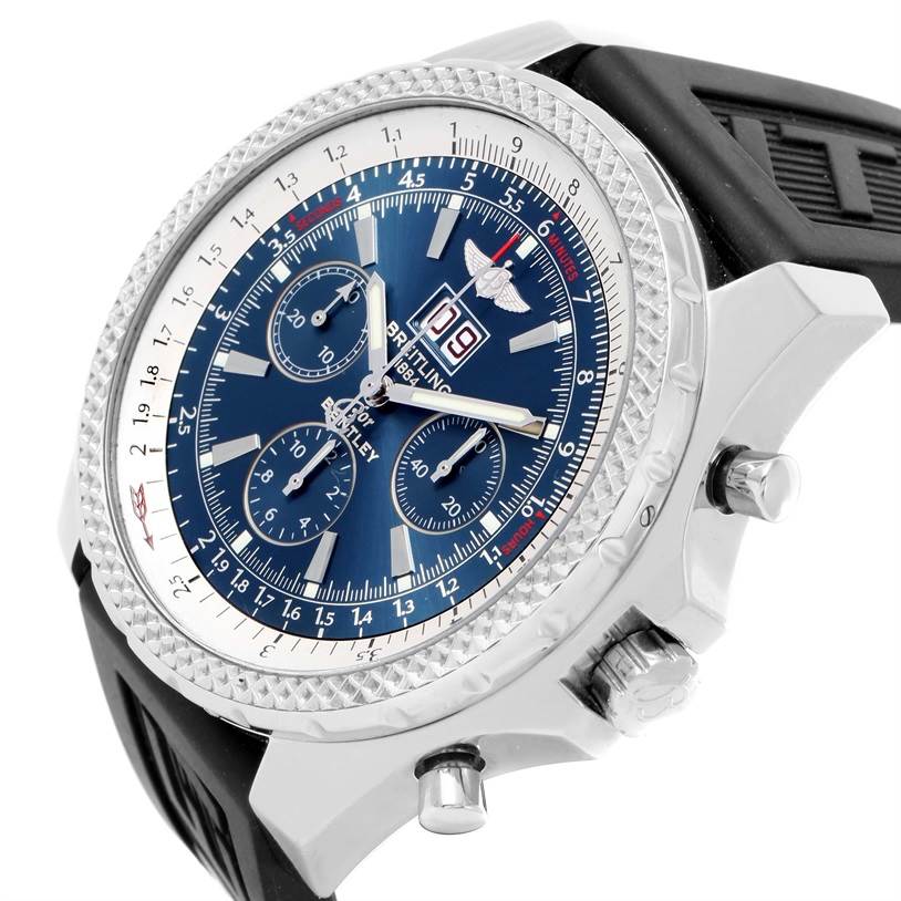 The image shows a side angle of the Bentley model by Breitling, focusing on the dial, crown, and pushers.
