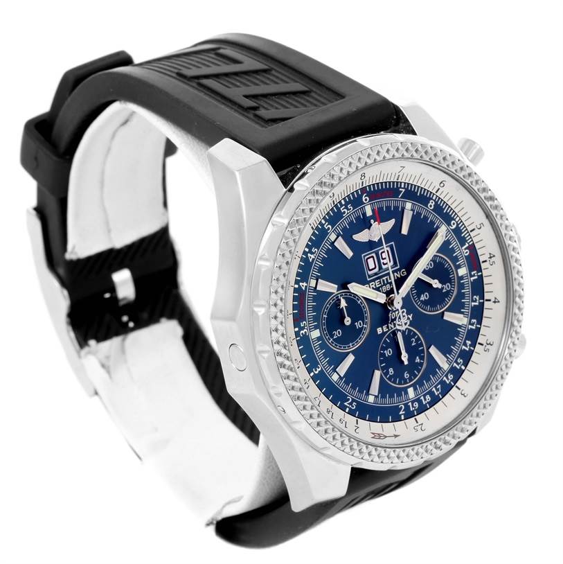 This image shows a Breitling Bentley A44362 Men's Stainless Steel Blue Dial A44362 Men's Stainless Steel Blue Dial watch at an angle highlighting its face, bezel, and black rubber strap.