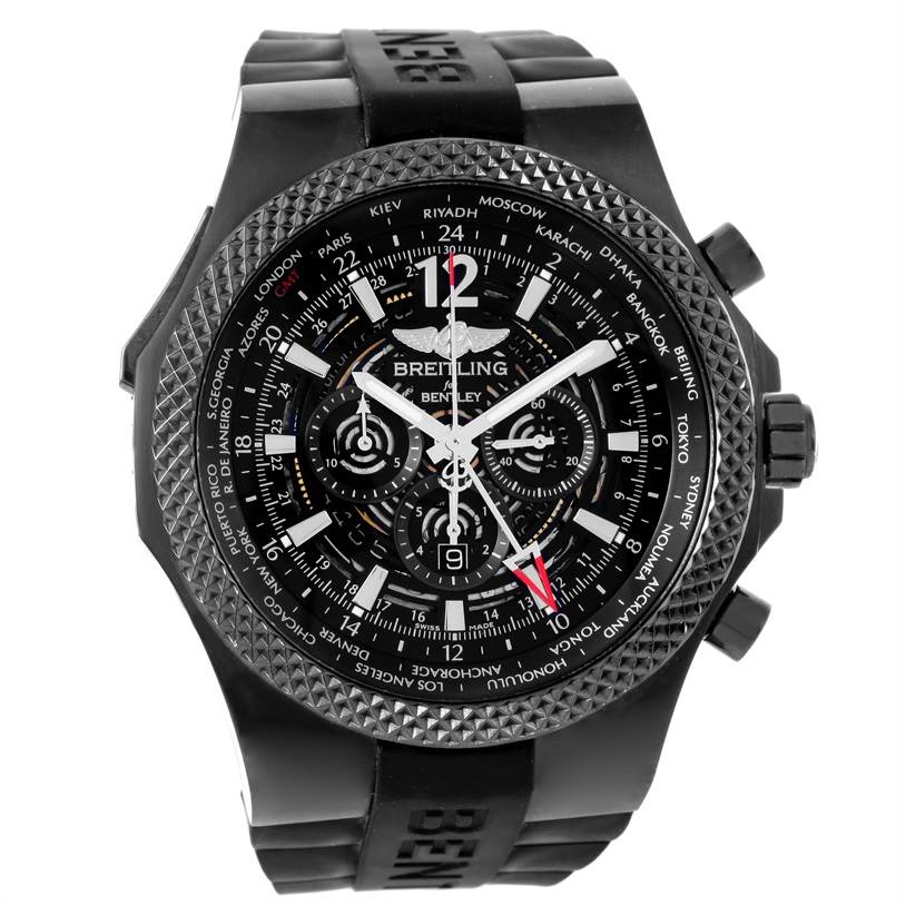 This image shows a front view of a Breitling Bentley M47362 Men's Stainless Steel Black Dial M47362 Men's Stainless Steel Black Dial watch, highlighting its detailed black dial, bezel, and rubber strap.