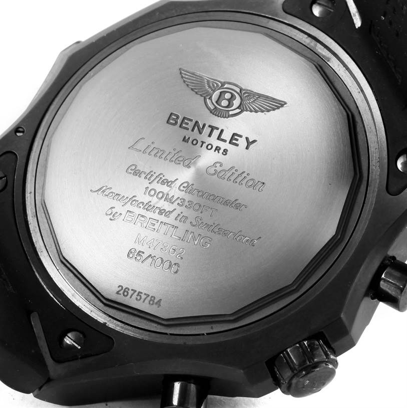 The image shows the back case of a Breitling Bentley M47362 Men's Stainless Steel Black Dial M47362 Men's Stainless Steel Black Dial watch, including engravings and part of the strap.