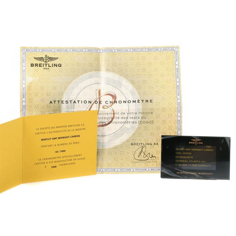 The image shows certificates and warranty cards for a Breitling Bentley M47362 Men's Stainless Steel Black Dial M47362 Men's Stainless Steel Black Dial GMT Midnight Carbon watch.