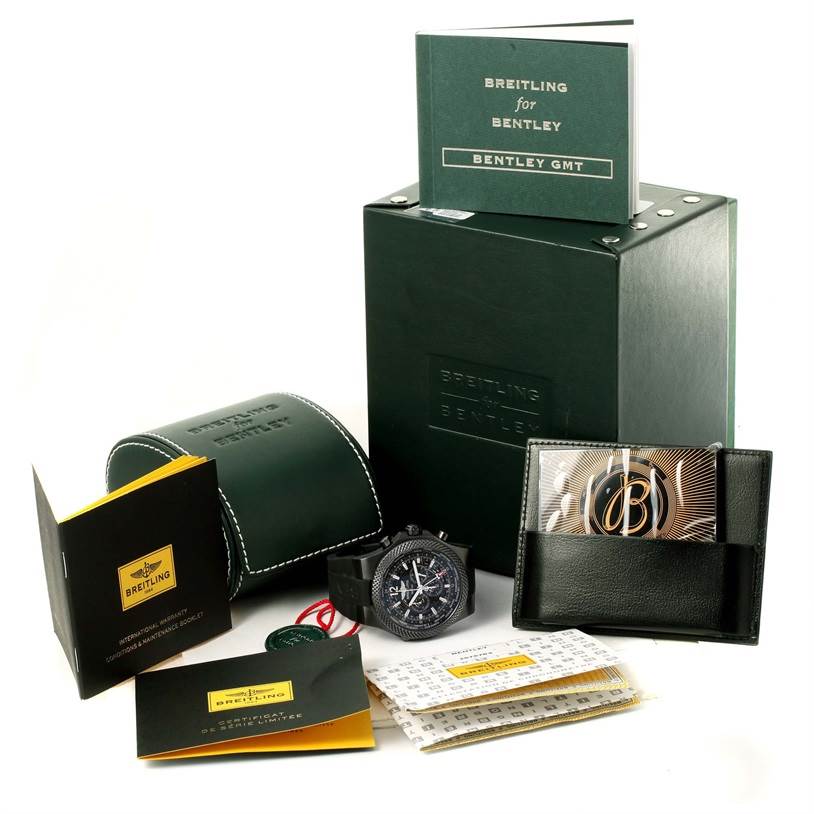 The image shows a Breitling Bentley M47362 Men's Stainless Steel Black Dial M47362 Men's Stainless Steel Black Dial GMT watch with its original box, instruction manuals, and accessories.