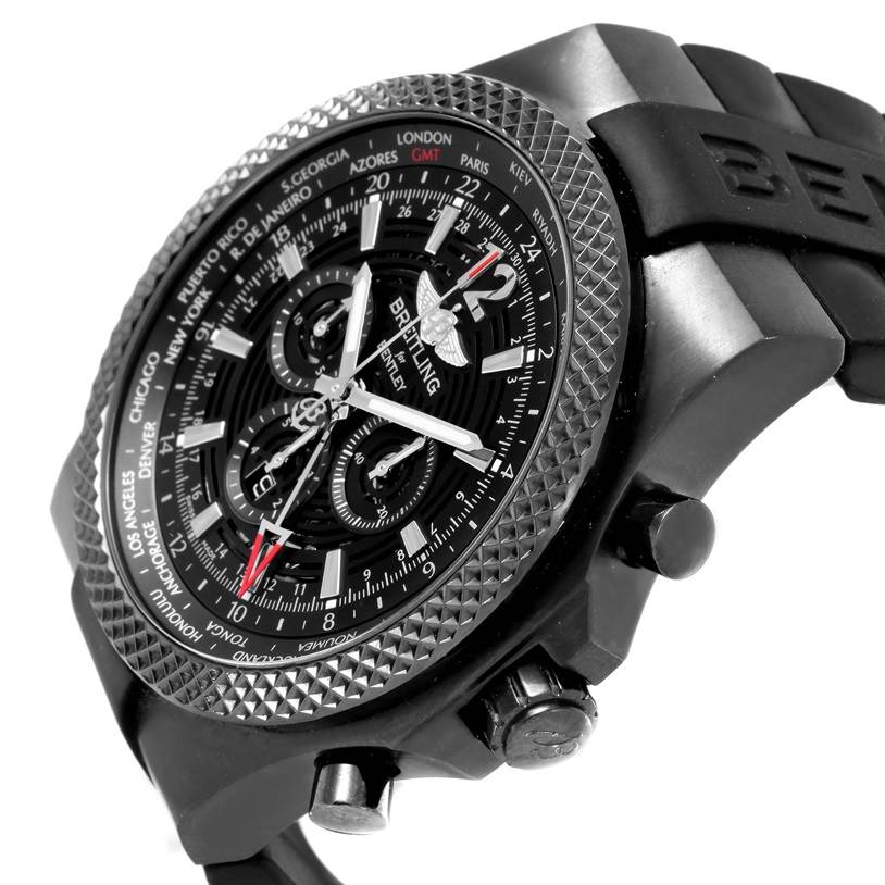 The image shows a side angle of a Bentley model Breitling watch, highlighting the bezel, dial, and rubber strap.