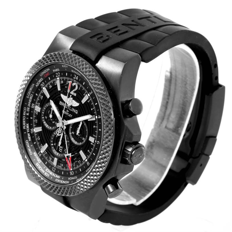 The image shows a side angle view of a black Breitling Bentley M47362 Men's Stainless Steel Black Dial M47362 Men's Stainless Steel Black Dial watch displaying its dial, bezel, crown, and strap.