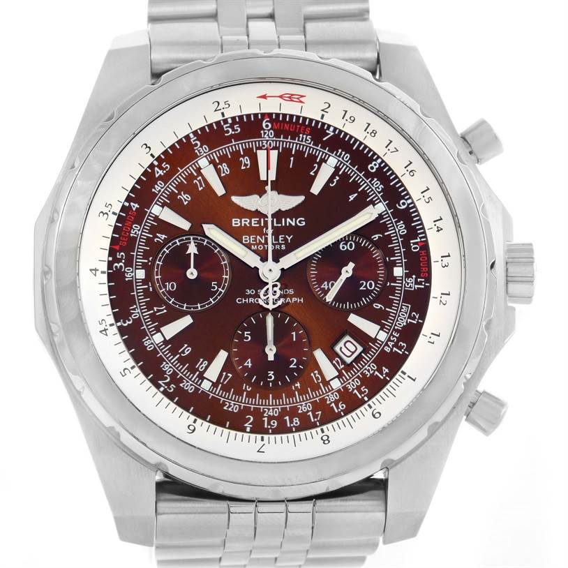 The image shows a frontal view of a Breitling Bentley A25363 Men's Stainless Steel Brown Dial A25363 Men's Stainless Steel Brown Dial watch, highlighting the dial, bezel, and part of the metal bracelet.